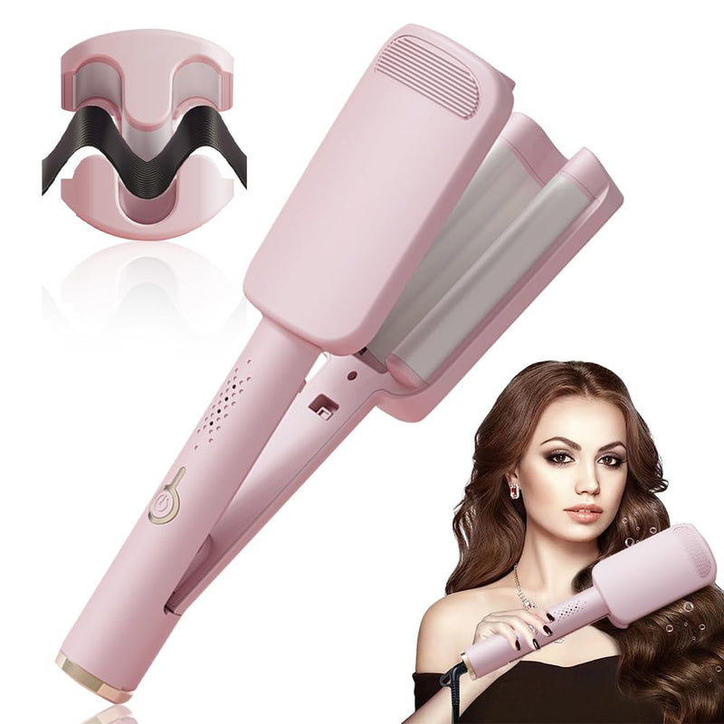 French Wave Curling Iron 32mm - Mermaid Hair Styler With 4 Gears Temperature, Fast Heating Curler for Long Short Hair, Pink