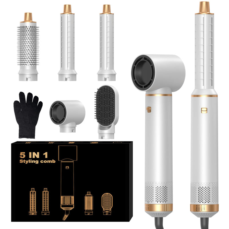 5 in 1 Hair Styler Airbrush 5 in 1 Multi Styler, Air Styler 5 in 1 with Air Curler, Hair Dryer, Brush Hair Dryer for Drying and Styling Straightening Volumizing Curling Sleeking White