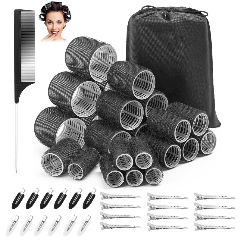 Hair Rollers with Clips, 50PCS Hair Rollers Set Jumbo Hairs Rollers(Black) | with 24 Roller (6 Jumbo, 6 Large, 6 Medium, 6 Small), for Long Medium Short Hairs DIY Hairdressing