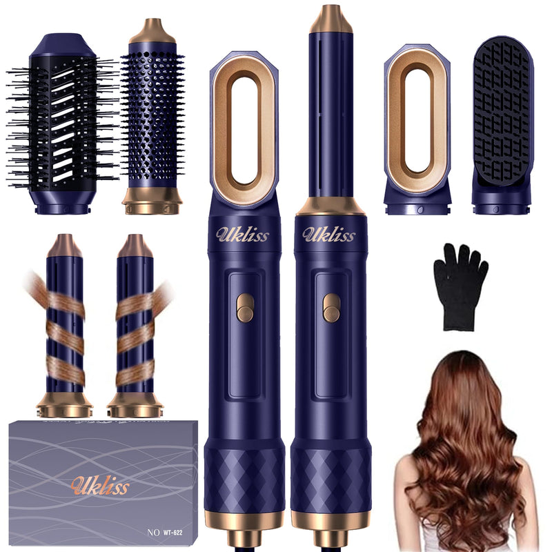 UKLISS 6 in 1 Hairstyler Pro, Hair Dryer Brush Set with Hair Wrap Curler | Airbrush 6 in 1 Airstyler Mit Hair Straightener, Thermal Brush, Hot Airbrush, Multistyler Gifts Set for Women Hair Styling Blue Gold