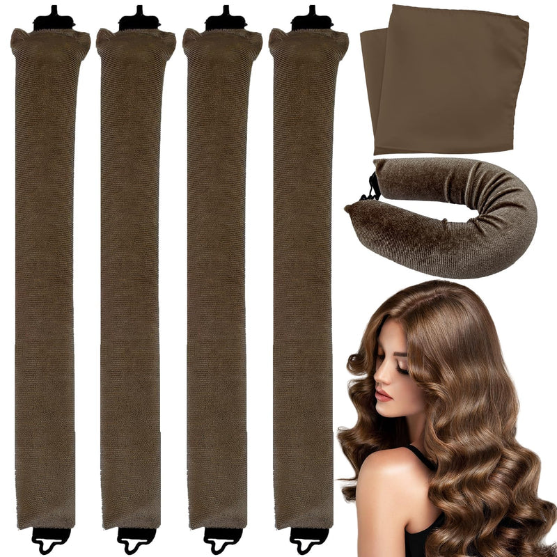 4Pcs Hair Curlers, Heat-Free Rollers with Square Head Wrap, No Heat Overnight Curls for Long Hair (Brown) Brown [4-pack] + silk scarf