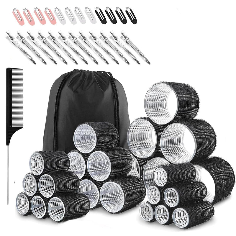  [AUSTRALIA] - 50 Pcs hair rollers of self-grip for long, medium, & short hair with 4 Sizes (60/48/36/25mm) Rollers (6 jumbo, 6 large, 6 medium, and 6 small rollers plus 1 storage bag) and 24 pieces of hair clips 1 count (Pack of 50)