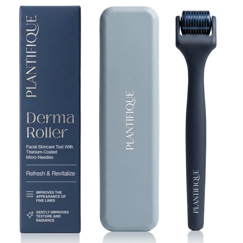 PLANTIFIQUE Derma Roller for Hair Growth & Skin Renewal, Grey | Microneedling Face Roller, 0.25mm Titanium Fine Needles, Includes Protective Case