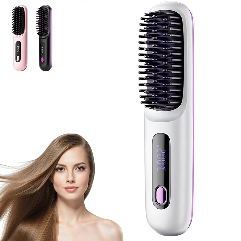 Go Brush Pro UK Cordless Hair Straightener Brush, Everyday Use | Rechargeable Portable Heated Brush with LED Display & 3-Speed Heat | Frizz-Free Shine | for Travel,Home & Office Touch-Ups White