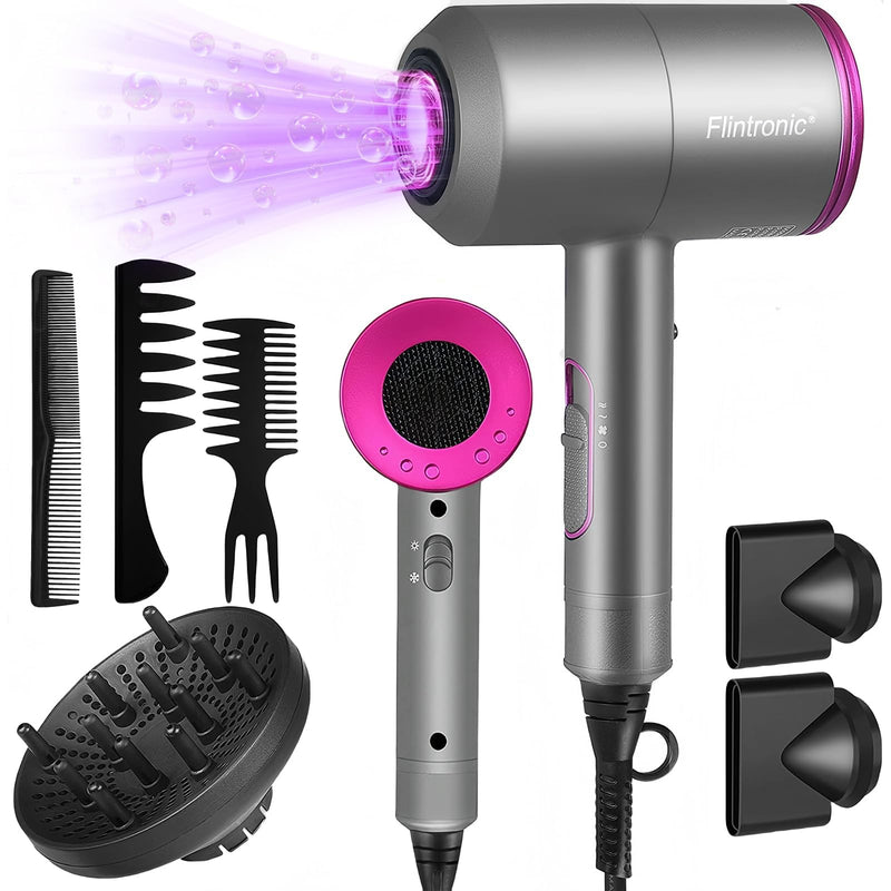 Flintronic 2000W Powerful Ionic Dryer, Hair Dryer with Diffuser & Concentrator, 2 Speed 3 Heat Settings, Fast Dry for Multi Women Man Hairstyles (3 Nozzles&3 Comb Included) Grey-new