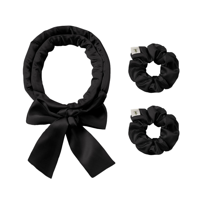 LILYSILK Women 100% Silk Heatless Hair Curler 3pc Set Silk Filled Hair Roller Rods with Adjustable Bowknot Tie Frizz-free Overnight(Black) Black