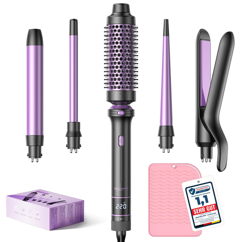 BESTOPE PRO 5 in 1 Hair Curling Wand, Hair Curler Set with Thermal Brush and Hair Straightener, 13 Temperature Control for All Hair Lengths, with Heat Resistant Mat, Glove, Clip Purple