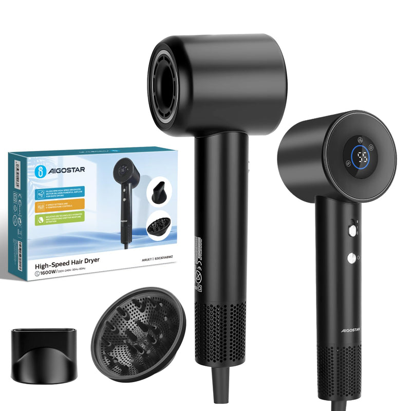  [AUSTRALIA] - Aigostar High Speed Hair Dryer 110,000 RPM, Professional Ionic Blow Dryer with LED Display & Temp Light Ring, Fast Drying 65m/s, 4 Temp & 2 Speed, Magnetic Concentrator & Diffuser, Low Noise - Airjet