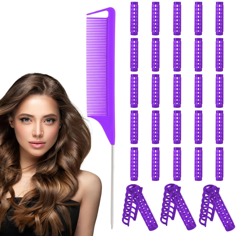 28 Pcs Small Size Plastic Hair Rollers, 0.6 Inch Hair Rollers for Women with Steel Rat-tail Comb, Heatless Snap on Roller for Hairs, Short Thin Fine Hairstyling Tools (Purple)