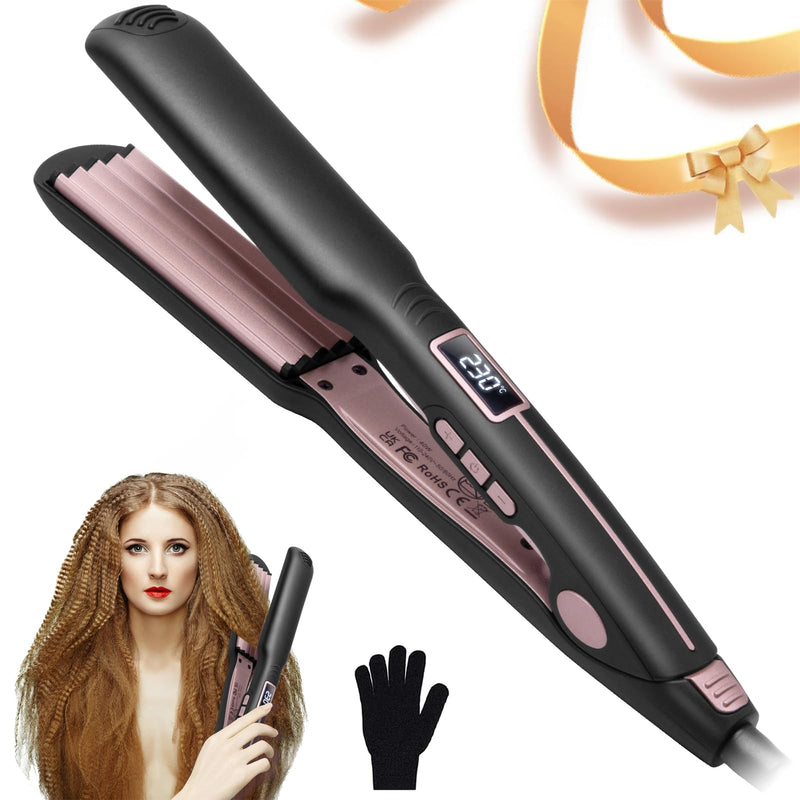 UKLISS Hair Crimper, Ceramic Hair Crimpers for Women, PTC Crepe Hair Iron | for Volumizing Hairstyle in One Step, Adjustable Temperature 210-450℉, LCD Display, Long-Lasting Styling (Black Pink) Black Pink