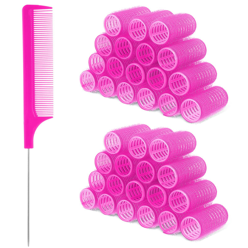  [AUSTRALIA] - 18Pcs Self Grip Hair Rollers with Small Comb Heatless Curler Pro Salon DIY Hairdressing Curlers Tools for Long Medium Short Hair Rose Red