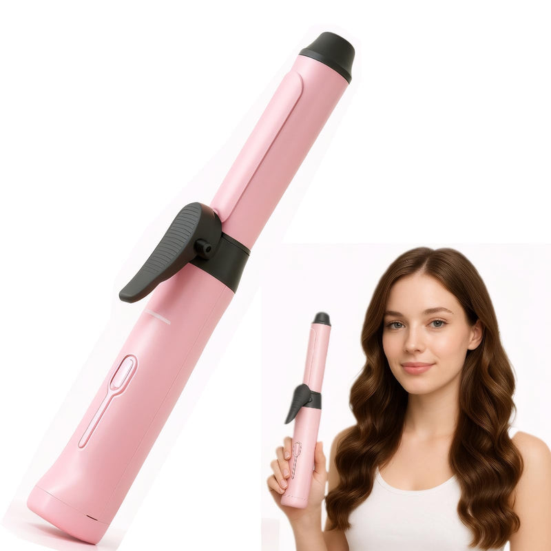 Mini Cordless Curling Wand - Rechargeable Travel Curling Iron with 3 Temperature Levels, Fast Heating & Ceramic Coating Perfect for Short & Medium Hair (Pink)