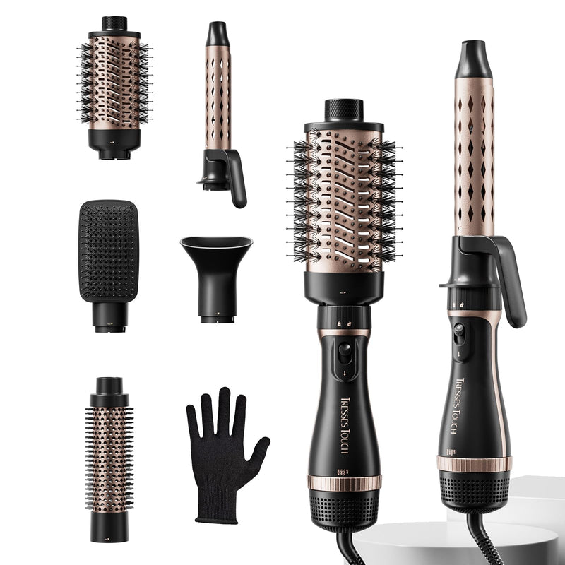 Hair Dryer Brush, 5-in-1 Blow Dry Hair Brush, Multi Hot Air Styler for Drying and Styling Volumizing Curling Sleeking in One Step, Ceramic Coating, Less Frizz, 3 Temperatures, UK Plug, Black Gold