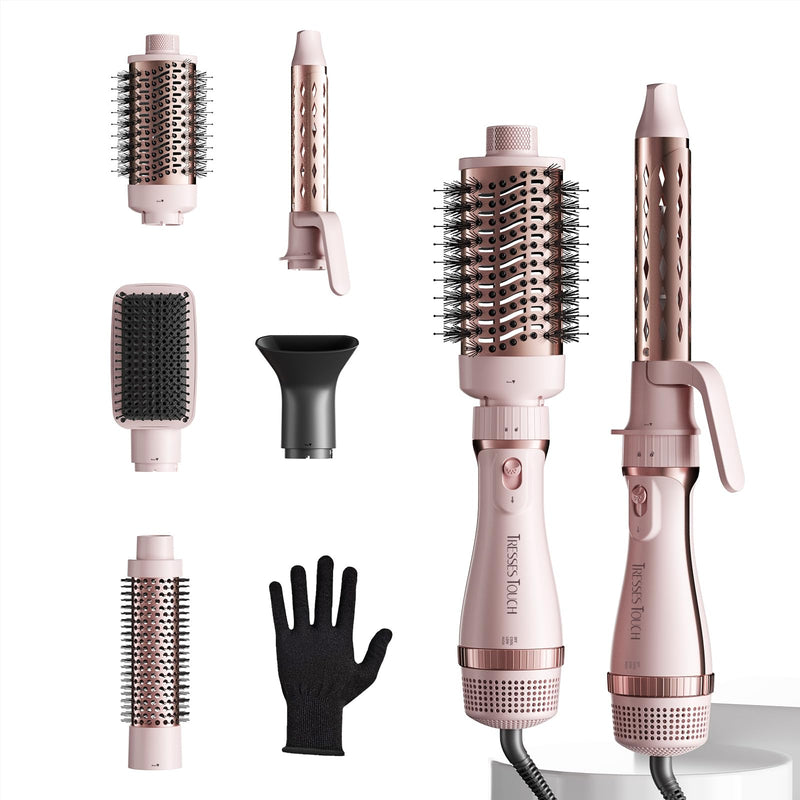 Hair Dryer Brush, 5-in-1 Blow Dry Hair Brush, Multi Hot Air Styler for Drying and Styling Volumizing Curling Sleeking in One Step, Ceramic Coating, Less Frizz, 3 Temperatures, Pink