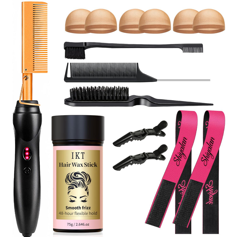 Hot Comb Set 15Pcs, Electric Hair Straightener Comb Curling Iron for Natural Black Hair Wigs Pressing Combs with Hair Wax Stick Set, Rat Tail Comb ＆Salon Clips