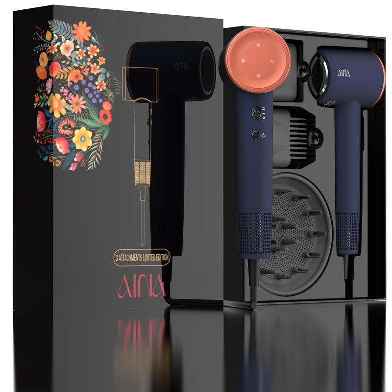 AINA High Speed Hair Dryer with Diffuser Comb | Brushless motor | Ionic | Lightweight | Compact Size | Magnetic Attachments 3a Blue