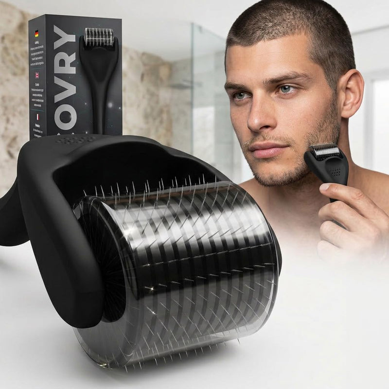 RECOVRY Beard Roller Beard Growth 1 mm - 192 Real Needles for Maximum Beard Growth - Derma Roller with Stainless Steel Needles - Increases Beard Density | Beard Roller (Black, 1 mm)