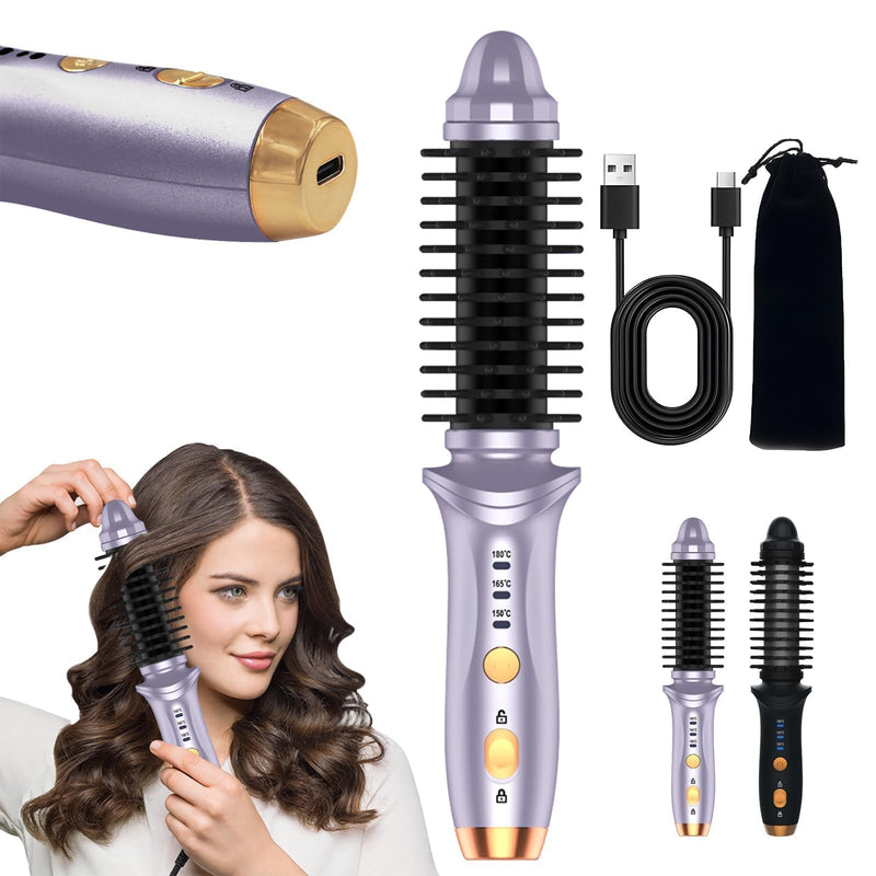 [AUSTRALIA] - Cordless Hot Brush for Short Hair - Heated Round Curler & Thermal Curling Iron for Women, USB Mini Hair Straightener Portable Curling Brushes, Curly Straight Hair Travel Heat Styling（Purple） Purple