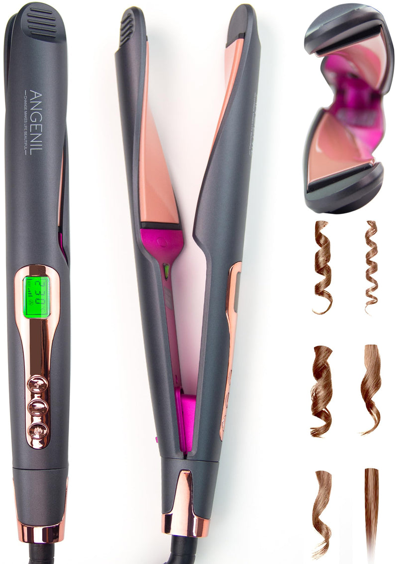 ANGENIL Twist Hair Straighteners and Curler 2 in 1, Flat Iron for Women | Dual Voltage Hair Straighteners Round Hair Curling Iron with Anti Silicone Mat, Multi-Stylers, LCD Display, (130°C-230°C) Twist Hair Straightener_grey