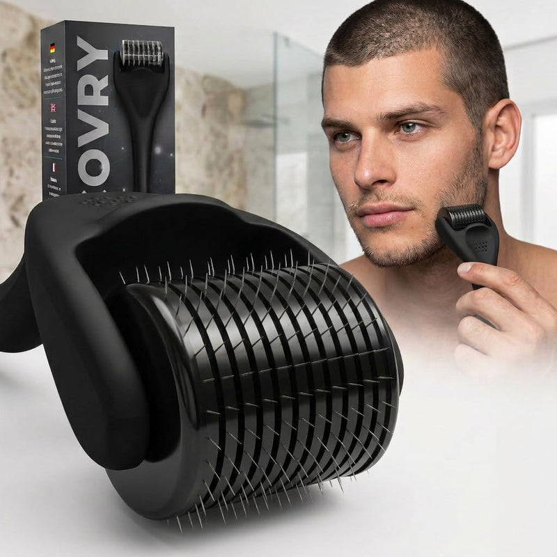 RECOVRY Beard Roller Beard Growth 1 mm - 192 Real Needles for Maximum Beard Growth - Derma Roller with Stainless Steel Needles - Increases Beard Density | Beard Roller (Black Basic, 0.5 mm) Black (black basic) 1 count (Pack of 1)