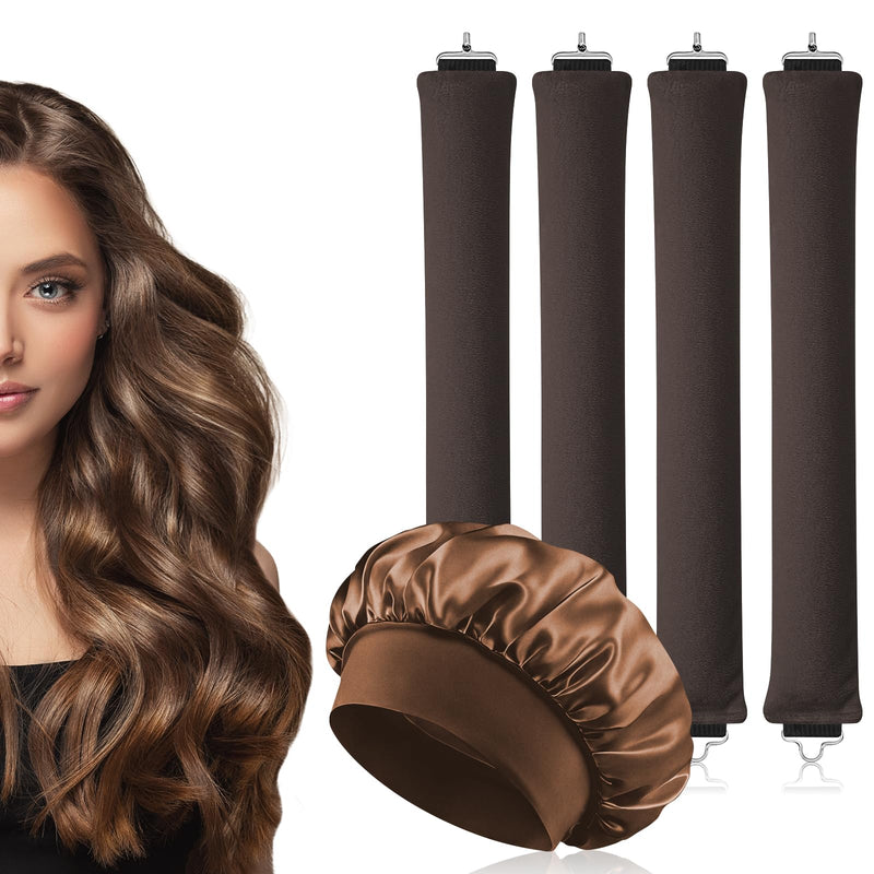 AOOWU 4PCS Heatless Curling Rods, Heatless Blowout Rods with Satin Silk Bonnet, Overnight No Heat Hair Rollers, Flexi Bars with Hooks, Heat Free Curling Iron for All Hair Types, Sleep DIY Hair Curls 4 count (Pack of 1) Coffee