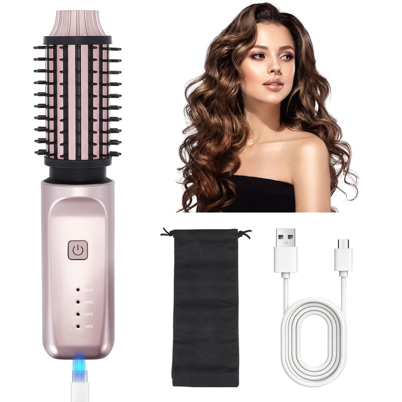 Cordless Curling Brush,3-in-1 Wireless Hair Curler Straightening Brushes,Portable USB Rechargeable Curling Iron,140℃-200℃,Travel Hot Brush for Curly/Straight/Volumising Styles