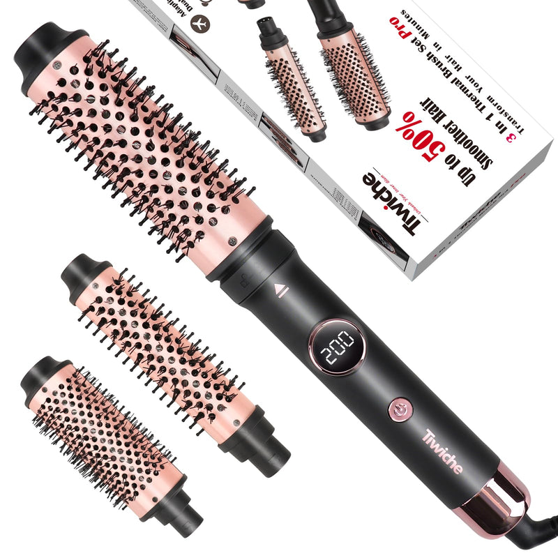 Thermal Brush Set, 3-in-1 Non-Blowing Heated Round Brush with Adjustable Temp, Fast Heating Titanium Ceramic, Dual Voltage, Hair Curling Iron with Detachable Barrels (30/38/45mm)