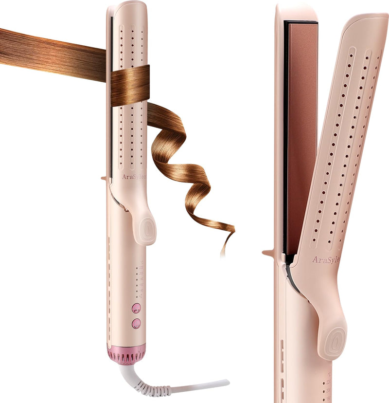2-in-1 Hair Straightener and Curler Airflow Cool-Air Function, Pink | Cold Air Anti-Scald Dual Voltage Negative Ion Extended Ceramic 3D Floating Plates Blush