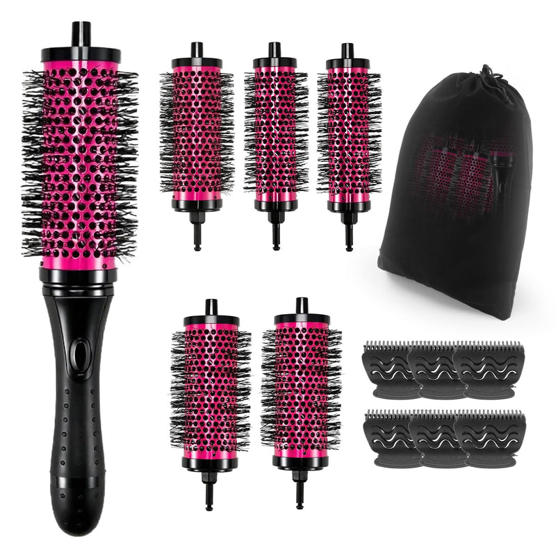  [AUSTRALIA] - Round Hair Brush Set Detachable Handle Hair Roller Brush 3 Sizes Round Hair Brush for Blow Drying with 6 Positioning Clips,6 Barrels 1 Handle (Rose Red) Rose Red