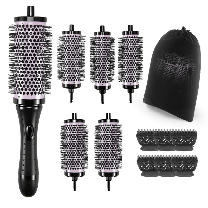 Round Hair Brush Set Detachable Handle Hair Roller Brush 3 Sizes Round Hair Brush for Blow Drying with 6 Positioning Clips,6 Barrels 1 Handle () Purple