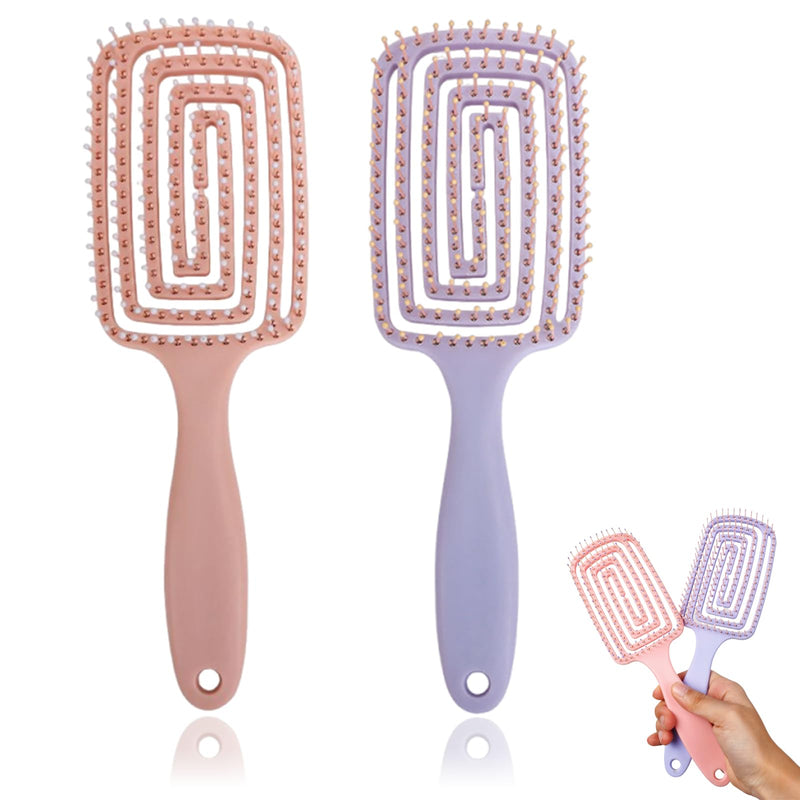 2 Pieces Detangle Hair Brush Hairbrushes For Women Hollow Back Panel, Hanging Handle Suitable For Long, Curly, Dry And Wet Hair (Pink + Purple)