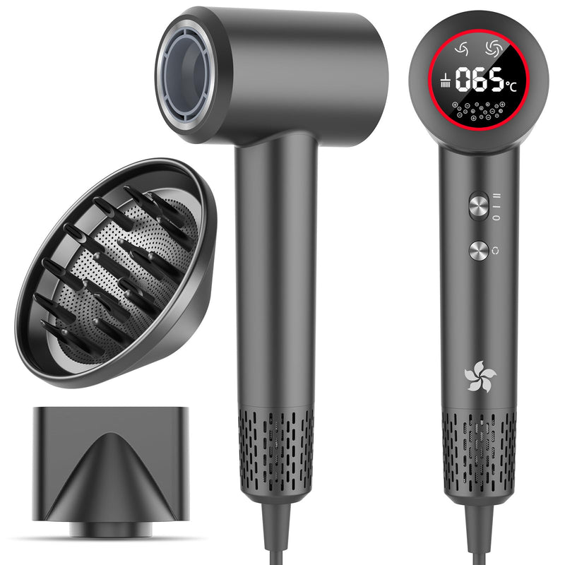 Hair Dryer with Diffuser, 400 Million Professional Plasma Hair Dryer | 110,000 RPM High Speed Brushless Motor Ionic Hairdryer,2 minute quick dry,57dB Low Noise Blow Dryer for Women,Man,Travel,Home Dark Gray