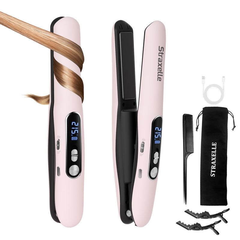 Mini Cordless Hair Straighteners, 2 in 1 Portable Flat Iron and Curler Adjustable Temp 175℃-215℃ Mini Straightener with LED Display,5000mAh Travel Straightener for Women Men (Pink) Pink