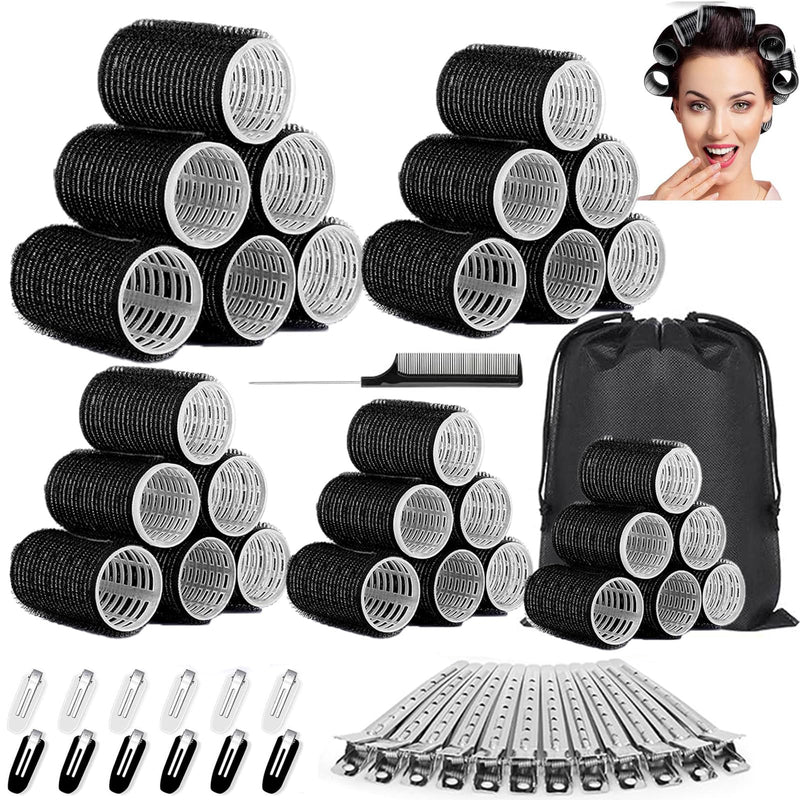 56 Pcs Velcro Hair Rollers Set with 5 Sizes, Self Grip Hair Roller with Clips for Jumbo, Large, Medium, Small, Mini, DIY Hairdressing Curlers for Volume, Long, Medium, Short, Thick, Fine Hairs (Black)