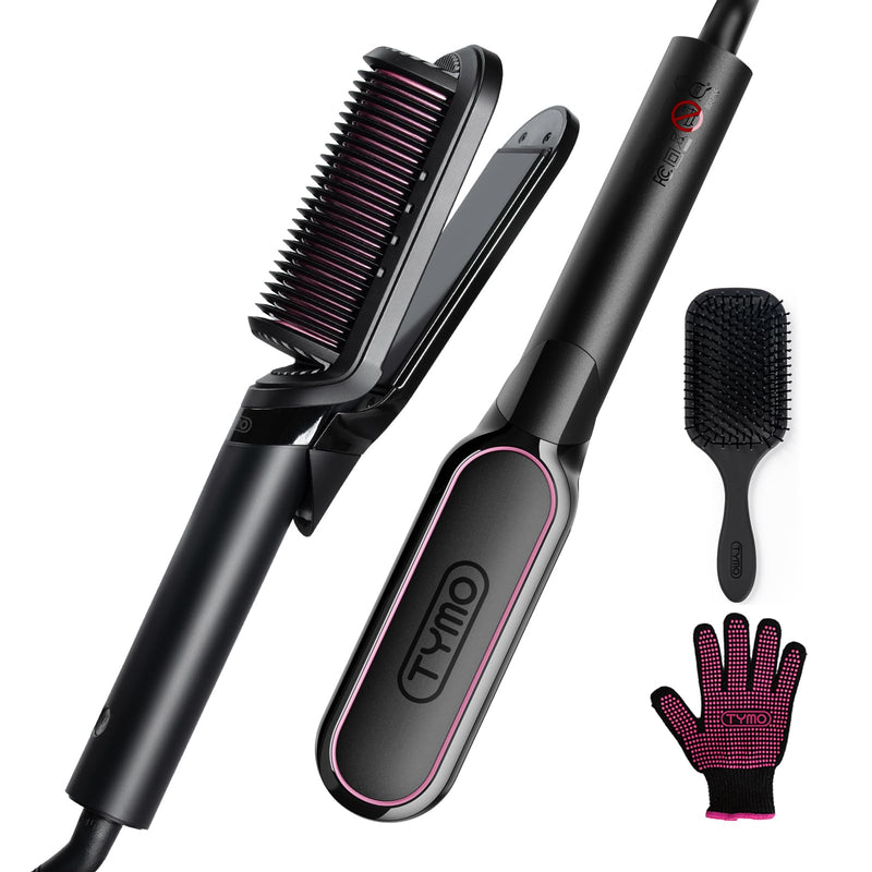 TYMO FLIPRO 2-in-1 Hair Straightener Brush & Flat Iron with 200M Negative Ions, Dual Voltage Anti-Scald Hot Comb, Frizz-Free Smooth & Shiny Hair, Less Heat Damage, Multi-Purpose Styler, Black