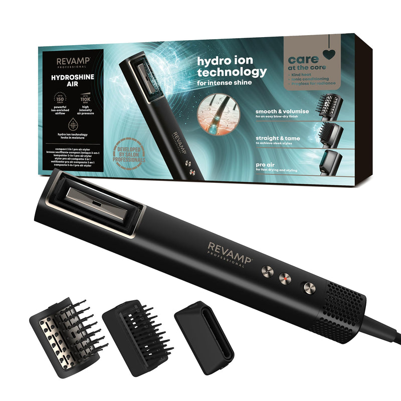 REVAMP HydroShine Air 3 in 1 Hot Air Styler - Hydro Ion, Compact | Pro Air Styler, Enhanced Hydration & Shine, Hair Dryer Brush, Styling Attachments, Ultra Lightweight