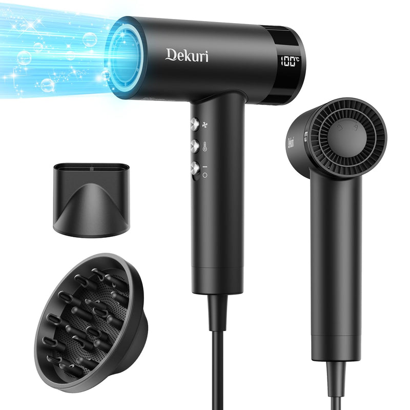 Dekuri Hair Dryer, 110,000 RPM High Speed Motor Hairdryer for Ultra-Fast Drying, 200M Ionic Care for Smooth & Shiny Hair, Lightweight with Magnetic Nozzle & Diffuser (Midnight Black) Midnight Black