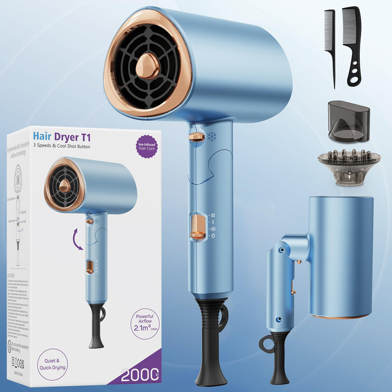 Ionic Hair Dryer 2000W, Professional Hairdryer with Cold Air Mode, Anti-Frizz, 2 Speed 3 Heat Settings, Diffuser & Concentrator, Styling Combs, Portable Travel Hair Dryer for Women & Men, Blue