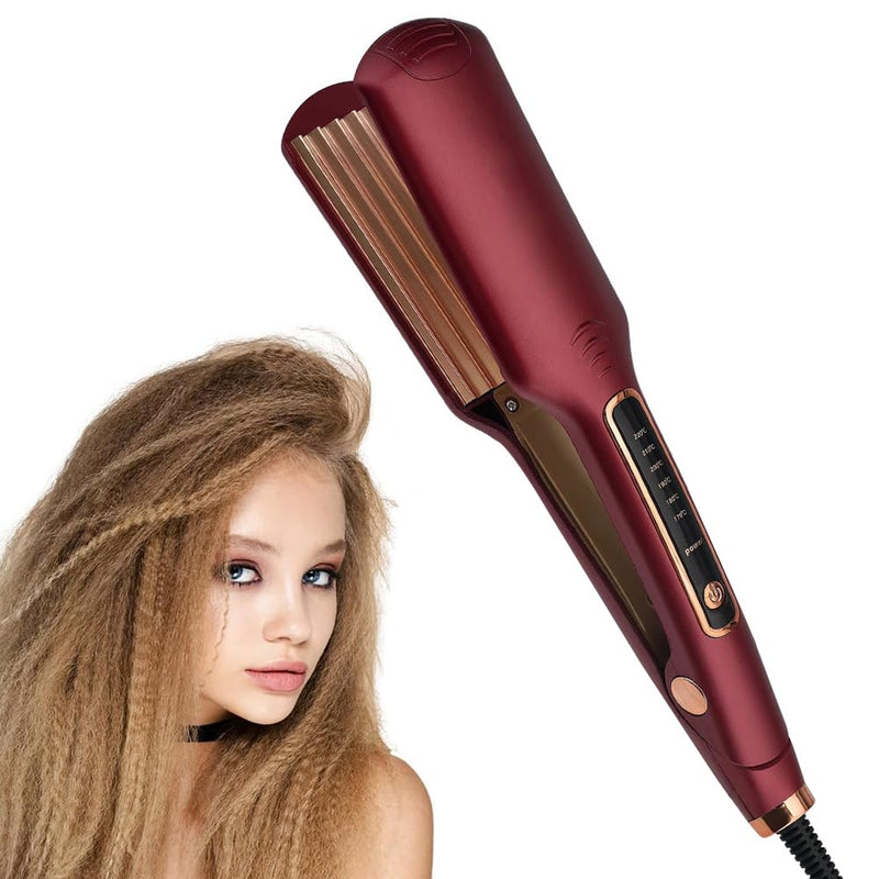 Hair Crimper for Women, Professional Crimper Hair Tool, Ceramic Crimper Wave Curling with 6 Adjustable Temperatures, Iron Wand Wet Dry Styling Tool for Fluffy, Corn, Perm, Waves, Straight Hair Red