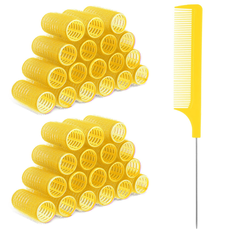 18pcs Self Grip Hair Rollers with Small Comb, Heatless Hair Curler, yellow | Plastic Rose Red, Small Hair Rollers, for Pro Salon Hairdressing, and DIY Hairstyles, 0.98 X 2.44 Inch