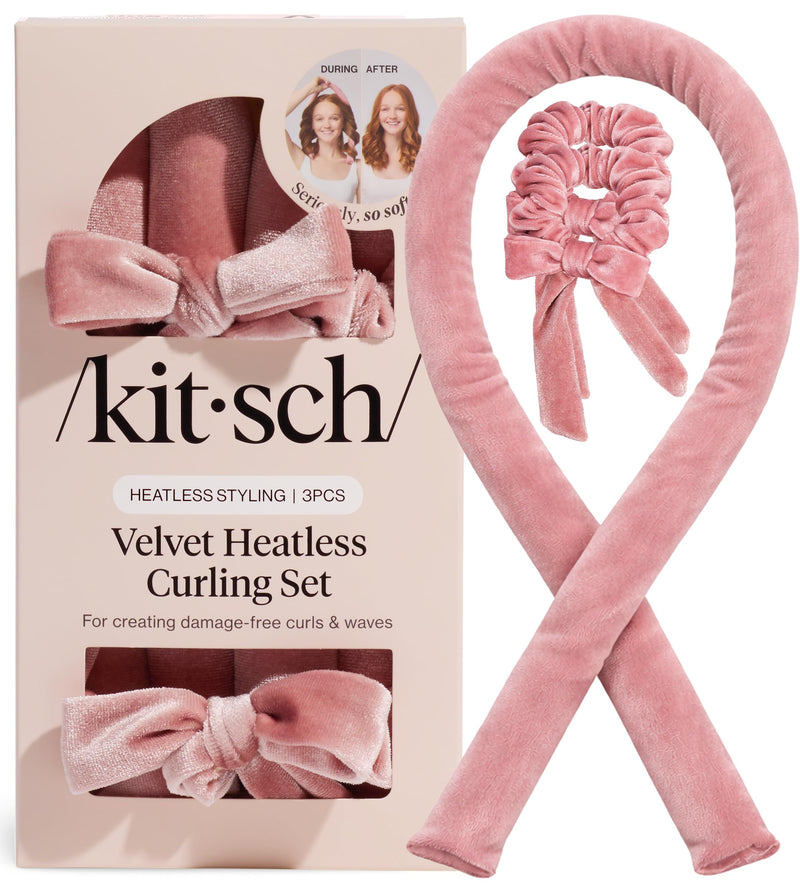 Kitsch Velvet Heatless Curls Overnight Set - Terracotta | No Heat Damage Overnight Curls | Comfortable Frizz Free Hair Curlers To Sleep In with 34" Hair Waver & 2 Satin Scrunchies 12 Terracotta 1 Count (Pack of 3)