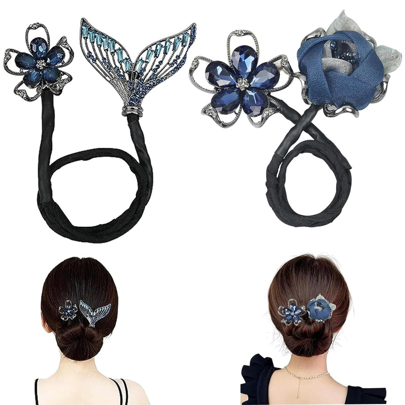 2 PACK Ins Style Elegant Lazy Hair Curler, French Twist Hair Bun Maker, Lazy Flower Hairpin,Rhinestone Hand-Embroidered Flower Hair Accessory (2Pcs-Blue Flower) 2Pcs-Blue Flower
