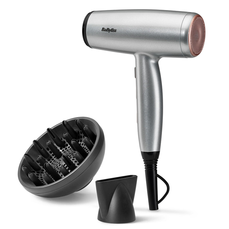 BaByliss Cosmos Compact Lightweight Hair Dryer - 2100W Powerful Sleek Blow Dryer, Diffuser, Ionic Frizz-Free Conditioning, 3 Heat & 2 Speed Settings, Silver, D580DU