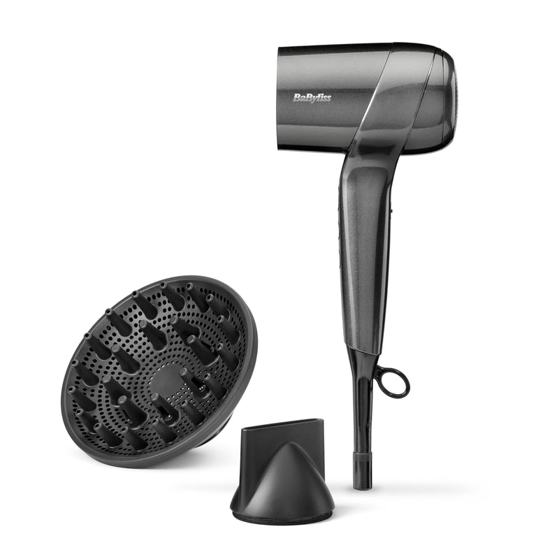 BaByliss Titanium Shine Hair Dryer - Powerful and Compact, 1600W High Speed Digital Motor, Large Diffuser, 3 Heat & 3 Speed Settings, Metallic Grey, D6200DU NEW