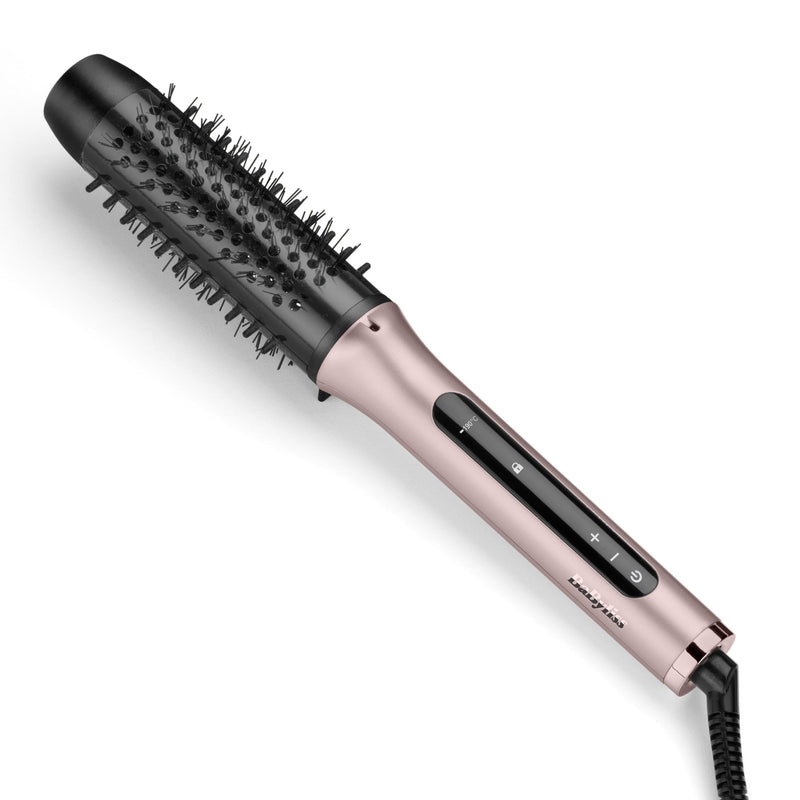 BaByliss Volume Boost Thermal Hot Brush - 38mm Barrel Heated Curling Brush, Ionic Frizz-Control, 4 Heat Settings, Multi-Voltage, Pink/Black, HSB200U Non-Rotating