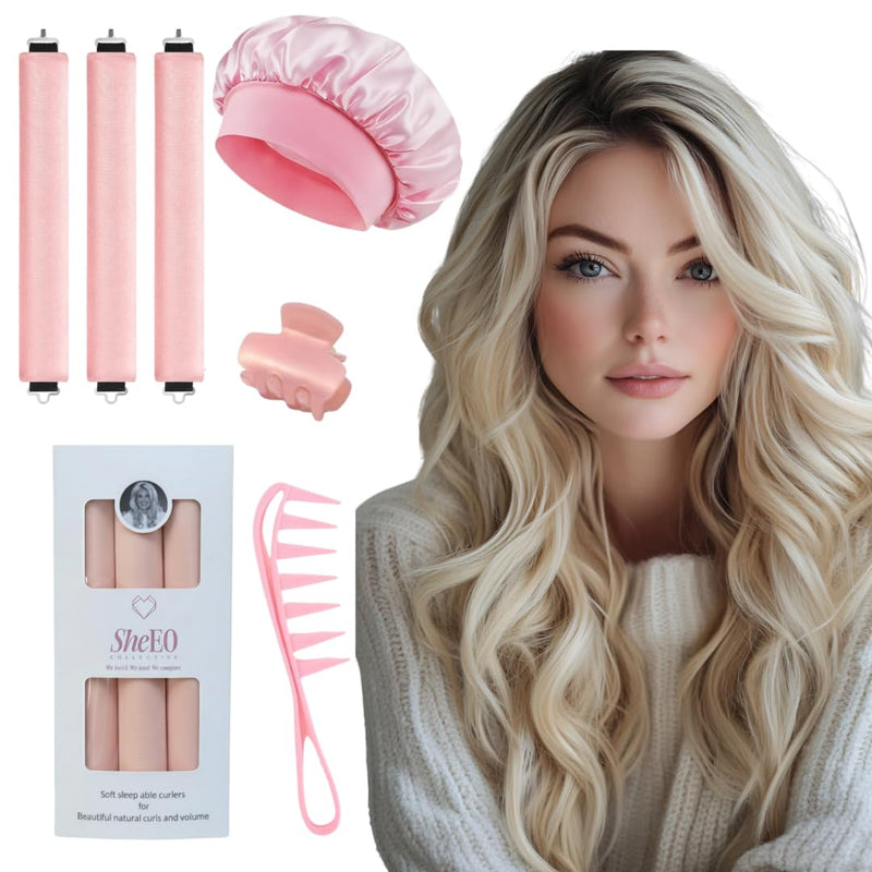 SheEO 6 Piece heatless Hair Curler Set, 3 heatless Curling rods, 1 Silk Bonnet, 1 Hair Clips, Wide Tooth Comb. Includes tutorials from Leading Stylist to Create Overnight Curls with Velvet Rollers Heatless Curling Set