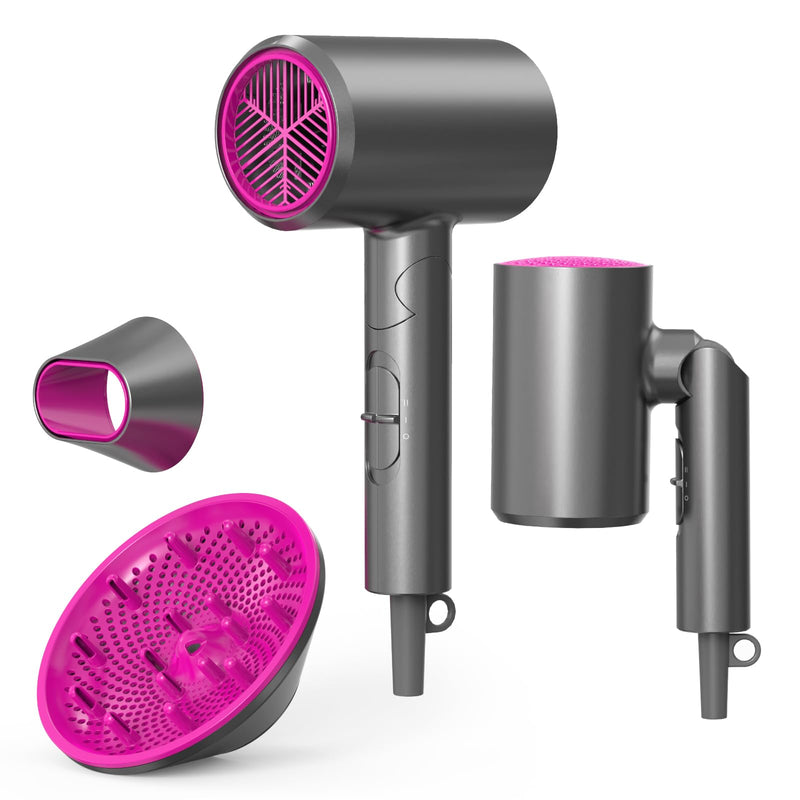 1800W Foldable Ionic Hair Dryer with Diffuser for Women & Men, Light Gray | 2 speed & 3 Heat Setting, Diffsuer & Concentrator for curly hair, Professional Blow Dryer, 100 Millions Negative ion