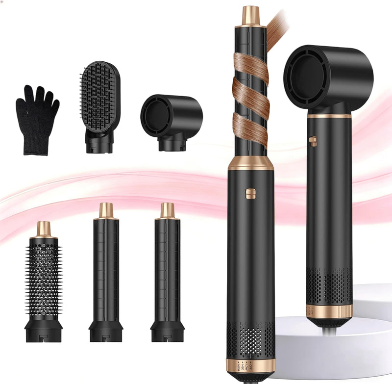 Mogawave Air Styler 5 in 1, 1000w Hair Dryer Brush, | 30mm Air Curler, Detachable Multi-Hair Styler Tools for Drying Curling Volumizing Straightening, for Salon Blow-Out Look Blackgold