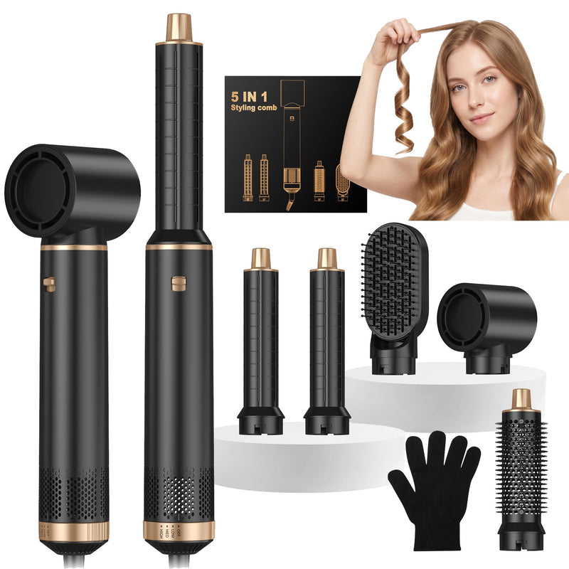 5 in 1 Hair Styler Airbrush 5 in 1 Multi Styler, Air Styler 5 in 1 with Air Curler, Hair Dryer, Brush Hair Dryer for Drying and Styling Straightening Volumizing Curling Sleeking Black