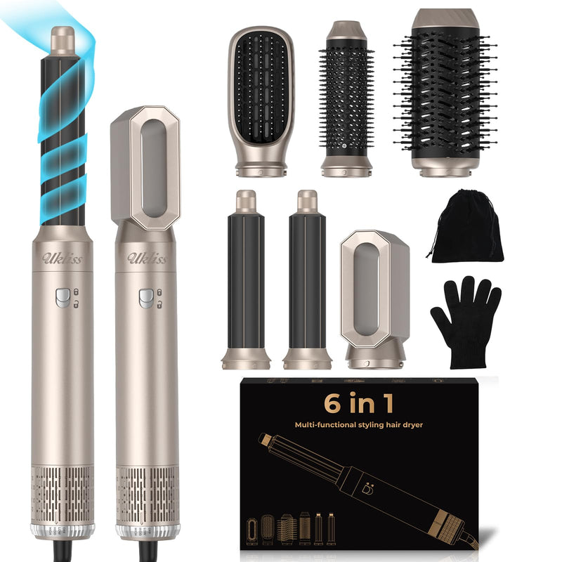 UKLISS 6 in 1 Hair Styler, Airbrush Air Stylers | 1000w Mlti-Styler Set with Curl Straighten, Volumise, Smooth and Blow Dryer Brush for Styling, Hot Brushes for All Hair Types Yellow